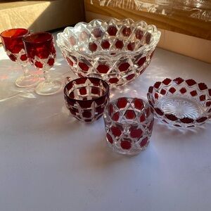 Red and Clear Glassware Set Bohemian / Czech ruby-cut crystal pieces